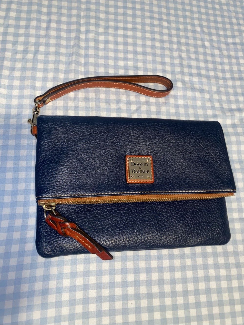 Dooney & Bourke Navy Leather Wristlet with Brown Trim